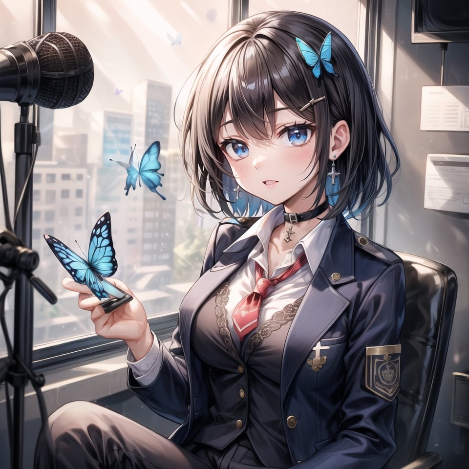 Masterpiece, highest quality, lovely and cute illustration, succubus princess, beautiful, aesthetic and cute, only daughter, solo, looking at the camera, blushing, smiling half-beautiful woman,
Break,
(The background is the school's broadcasting room. Behind the glass of the recording studio is the school cafeteria, where several students are:1), a large microphone for radio recording, a girl is broadcasting on the school's campus,

Her jewel-like blue eyes are so beautiful that they seem to draw you in.
Short hair, (black and brown bangs), black and brown medium hair, holy cross hair ornament, shiny blue cross hair ornament, blue cross clip, two-tone hair with shiny inner hair (brown and blue),
Break,
Accessories include gold and silver jewelry, x hair ornament, and cross hair clip.
Butterfly earrings, butterfly and jeweled choker, (silk jet black lace choker), feminine black lace choker
break,
(beautiful girl in trousers, uniform slacks decorated with flowers: 1), sit, take notes, (check on smartphone), (smartphone: 1)
navy blue blazer uniform jacket, white shirt and tie, collared shirt, open jacket, blue butterfly