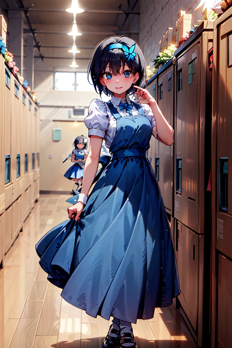 (Leaning forward: 0.6),  Dark blue girls' uniform with a very long skirt,  (Small hairband and beautiful black hair) by らび...