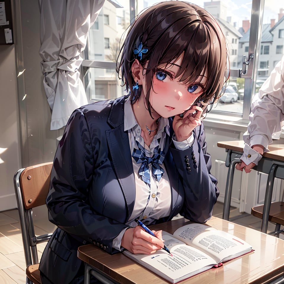 Very detailed, high quality, masterpiece, beautiful, BREAK 1 girl, (solo), (16 years old), (very short hair, boyish beautiful girl: 1.2), (short hair at the back, long hair at the front)
Blake,
(girl focus, female breasts), (blue eyes, beautiful like jewels), embarrassed expression, BREAK,
((sitting at a desk, sitting on a desk)), sitting in a school library or at a desk in a classroom, illustration of an open notebook, old illustration of a female demon in a book illustration, pencil drawing of a succubus in an ancient manuscript, old ancient manuscript,
BREAK, dark blue blazer uniform, white collar shirt, long sleeves, (blue tie), (gray and blue checkered blazer pants, blue checkered pants), dark jacket, peeking, BREAK viewer, concentrating, tilting head, (cute gestures: 1.2), ((blue cross) earrings, blue inside of hair), blue butterfly hair ornament on head