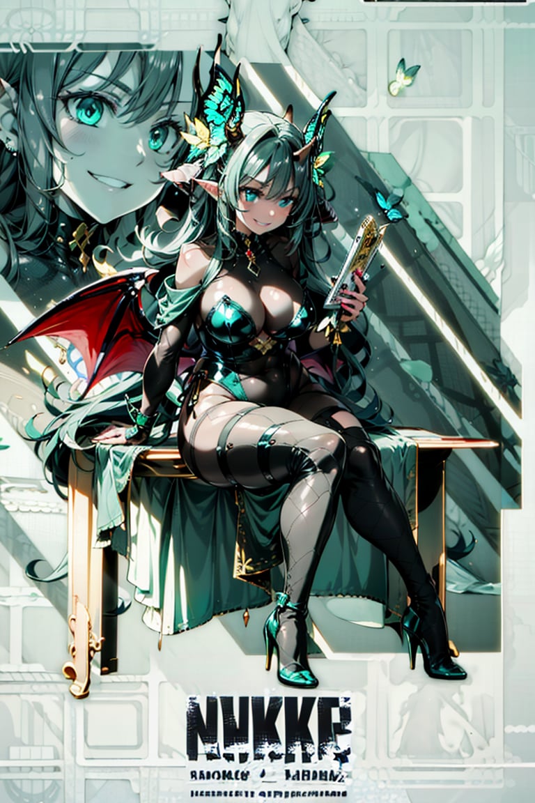 (IncrsNikkeProfile:0.5)
Masterpiece, best quality, highest quality, beautiful and aesthetic, super detailed, exquisite details, great illustration, atmospheric, BREAK, (1 female, solo, adult female, 24 years old), female demon king, BREAK, (dark green long hair, light rolled hair in aristocratic style: 1.4), beautiful eyes, ((red ruby ​​eyes, beautiful horns of the same color red)), (red butterfly hair ornament), (large breasts: 0.8), BREAK,, (high-leg leotard with jet black body stocking decorated with gold and silver: 1.2), (thigh-high boots: 1), (high-leg with sharp angles red pattern on her lower abdomen: 1.2), the gold and silver decorations on the edge of her high-leg make her look like a lady of the demon world,
(high-leg armor: 0.6)
BREAK,
(black devil's tail, devil's wings),(close-up of a beautiful succubus' tail: 0.8)
(seductive pose: 1.3), BREAK, (evil smile: 1.2), alluring expression, (narrowed eyes) tempting the viewer, BREAK, (sitting at a desk: 1.2), BREAK, (classroom: 1), high school classroom, (several students in the background during class, students do not see the succubus), beware of the succubus at school, complete transformation into a succubus & inter-species marriage is inevitable,