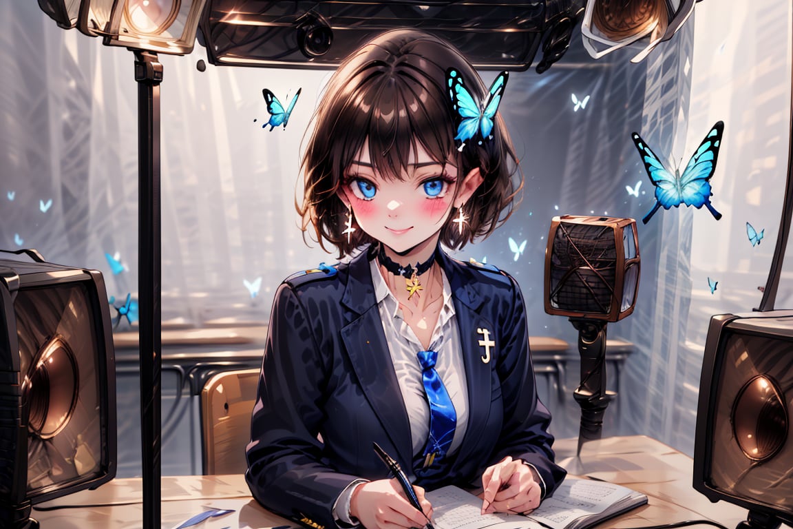 Masterpiece, highest quality, wonderful cute illustration, succubus princess, beautiful, aesthetic and cute, one girl, solo, looking at camera, blushing, half-beautiful girl's smile,
break,
(The background is the school's broadcasting room). Across the glass from the recording studio is the school's cafeteria, where there are several students.

Her jewel-like blue eyes are so beautiful that you can almost be drawn into them.
Short hair, small braids (bangs are black and brown), hair between black and brown, holy cross hair ornament, shining blue cross hair ornament, blue cross clip, shiny inner hair (brown and blue) )'s two-tone hair)
break,
Accessories include gold and silver jewelry, x hair ornaments, and cross hair clips.
Butterfly earrings, butterfly & jewel choker (earrings & choker), (silk jet black lace choker), feminine black lace choker
break,
Butterfly earrings, butterfly and jewel choker,
(Earrings/Choker) A choker is a jet black lace choker accessory that is reminiscent of silk women's underwear or gold and silver jewelry.
break,
(Decorating a beautiful girl in pants with flowers:1), sitting, taking notes, (researching on a smartphone),(smartphone:1)
Dark blue blazer school uniform, jacket, white shirt, upper body, tie, choker, sun, hair clip, collared shirt, indoors, bracelet, two-tone hair, open jacket, black jacket, book, window, black choker, chair, ring , blazer, butterfly, desk, blue tie, colored inner fur, pen, classroom, blue butterfly