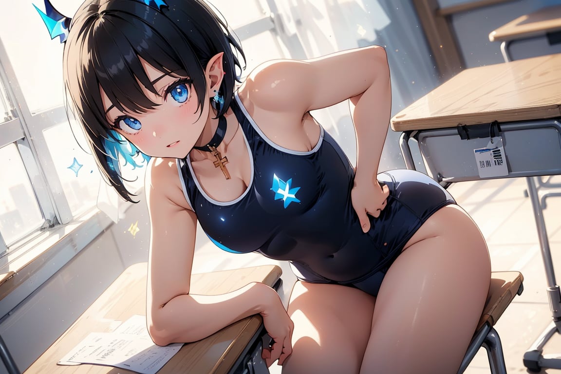 (old school swimsuit),(logo on swimsuit, white product tag on school swimsuit), big-breasted beautiful girl in school swimsuit sitting at desk in classroom,(large breasts),exposed shoulders,sitting,collarbone,swimsuit,thighs,indoors,(school swimsuit,school-designated swimsuit,blue one-piece swimsuit),exposed arms,covered navel,chair,classroom desk,inside classroom,

Blake,lustrous black hair,blue eyes,
(boyish girl),(very short hair,very short hair),girl who looks like a boy,girl dressed like a boy,active girl,

Blake,
cross lace choker,cross necklace,cross earrings,((short pointed ears,succubus demon ears)),
,vibrant colors,sharp focus,best quality,depth of field,cinema-like lighting,(illustration,8k CG,very detailed),ultra-detailed,high resolution,firefly,perfect light,8k,very clear,best quality,high resolution. Best quality, illustration, sax blue, 1 girl, cute, (dynamic lighting: 1.2), cinematic lighting, delicate facial features, detailed eyes, sharp pupils, realistic eyes, depth of field, bokeh, sharp focus, (ultra detail, bloom, shimmer: 1.4), lots of little gems,((S41 school swimsuit))