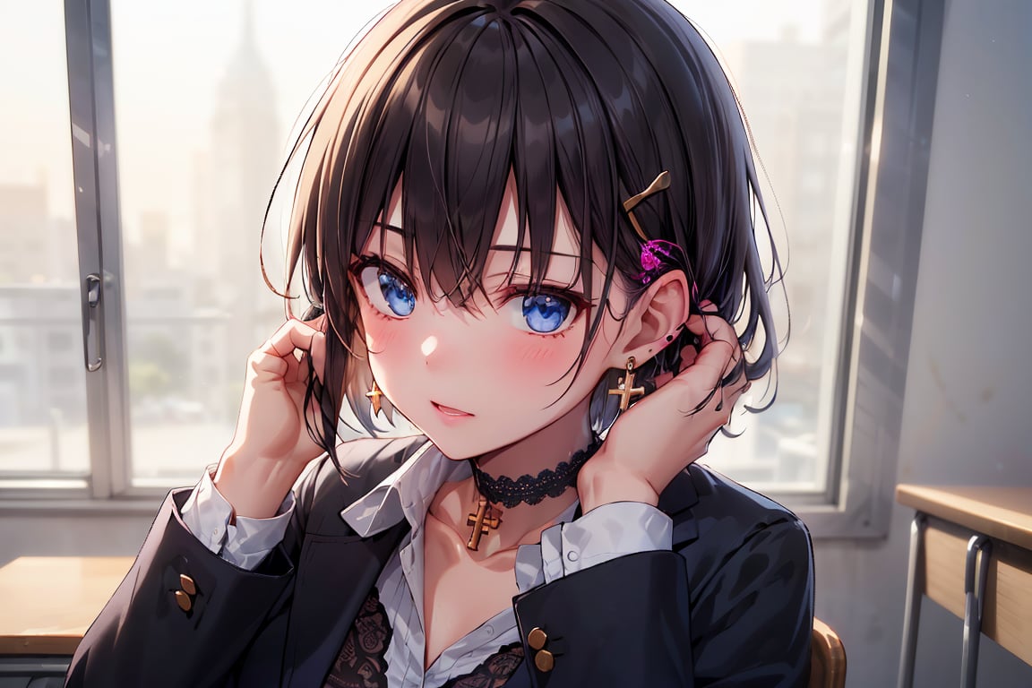 Masterpiece, Top quality, Illustration, Succubus princess, Cute, Pretty, (Portrait: 1.2), (Close-up),
(Glossy black hair, boyish beautiful girl), (Very short hair), Long bangs and short hair at the back, Blue inside, Blue butterfly hair accessory, (Blue cross earrings), Lace neck choker with a cross, Her blue jewel-like eyes are so beautiful they seem to draw you in, Blake,
(Adjusting earrings with both hands: 1.3), ((Adjusting hair with both hands)), (Fingers of both hands touching ears: 1), (Slightly open chest and blue tie: 0.6), Blake,
Beautiful fingers, Cute detailed fingers, Dainty high school girl fingers, Hair clip,
Feminine black lace choker , the choker is a jet black lace choker accessory that resembles silk women's underwear and gold and silver jewelry, sitting, school uniform, jacket, white collared shirt, plaid, window, plaid slacks, chair, blazer, hair accessory, blue tie, desk, school desk