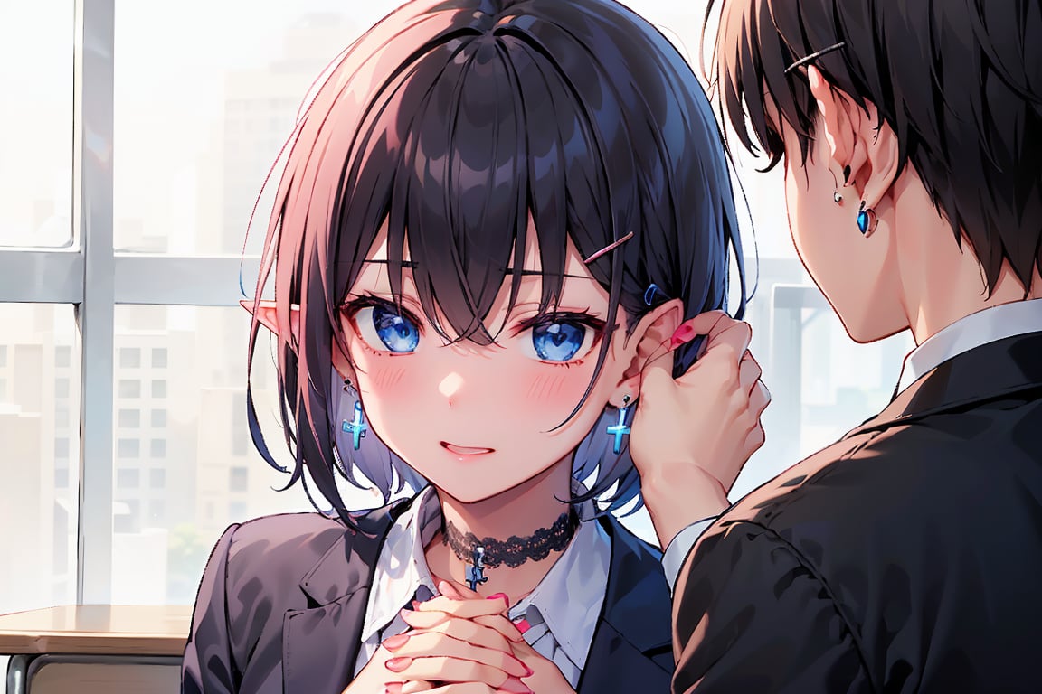 Masterpiece, best quality, first love illustration, succubus princess, cute, pretty, (portrait), (close-up: 1.2), (shiny black hair, boyish beautiful girl), (very short hair: 1), (long bangs and short hair at the back: 1.3), (inside of hair is blue), blue butterfly hair accessory, (blue cross earrings), lace black choker with a cross, feminine choker is a large lace choker accessory that resembles silk women's underwear,
(jewel-like blue eyes are so beautiful and captivating It looks like she's going crazy),Blake,((Short pointed ears, succubus short ears)),(Blue cross earrings),,(Adjusting earrings with both hands: 1.3),((Adjusting hair with both hands)),(Fingers of both hands touching ears: 1),Blake,
((Slightly open chest and blue tie: 0.9)),Beautiful girl's collarbone visible from open chest,Beautiful fingers,Cute fine fingers,Delicate high school girl fingers,Pretty fingers,16 year old girl's hand,Detailed fingers,Cute fingers,((Cute pink fingernails)),
Blake,(Hair clip, x-shaped hair ornament),Sitting,School uniform,Blazer jacket,White collared shirt,Upper body,Chair,Hair accessory,Blue tie,Desk,School desk