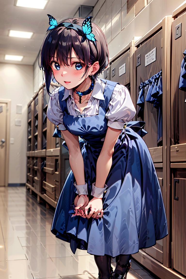(Leaning forward),  Dark blue girls' uniform with a very long skirt,  (Small hairband and beautiful black hair) by らび@kiyo...