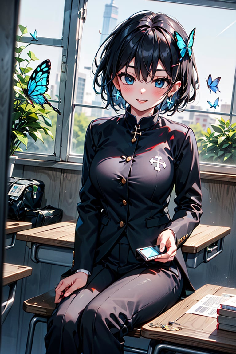 Masterpiece, top quality, adorable and cute illustration, (succubus princess), beautiful, aesthetic and cute, only daughter, solo, looking at the camera, blushing, smiling half-beautiful woman,
Blake,
((Gakuran neck hook)),
(Gakuran),school uniform, boyish beautiful girl,
Jet black school uniform jacket, white shirt, (school uniform Gakuran collar), men's clothing,((very short hair)),
Blake,
(The background is the school's broadcasting room. Behind the glass of the recording studio is the school cafeteria, where there are several students: 1), a large microphone for radio recording, a girl broadcasting on the school campus,
Jewel-like blue eyes are so beautiful that they seem to suck you in.
Short hair, (black and brown bangs), black and brown medium hair, holy cross hair ornament, shiny blue cross hair ornament, blue cross clip, two-tone hair with shiny inner hair (brown and blue),
Break,
Accessories include gold and silver jewelry, x hair ornament, and cross hair clip.
butterfly earrings, butterfly and jeweled choker, (silk jet black lace choker), feminine black lace choker
rest,
(beautiful girl in trousers, uniform slacks decorated with flowers: 1), sitting, taking notes, (checking on smartphone), (smartphone: 1), blue butterfly, black devil's tail,Gakuran uniform