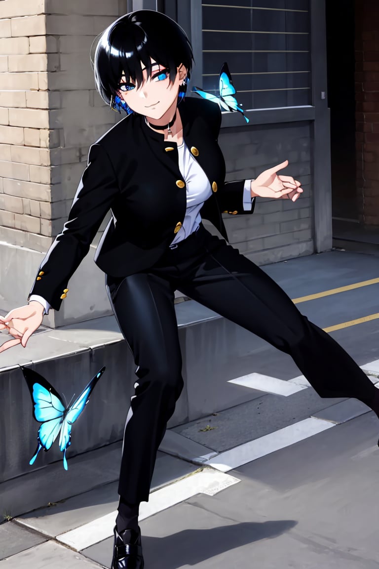 Masterpiece, best quality, super detailed, high resolution,
1 girl, (gakuran), (student uniform, ((gakuran, pants)), gakuran student, black clothes, Taisho Romance: 0.5),
pants, slacks, (wearing school uniform, school uniform, gold buttons),
open clothes, white shirt visible through open clothes, gakuran uniform shirt,, double jacket,

Succubus girl, beautiful and detailed, elegant, full body, female, young, beautiful, face, smiling, large breasts,

Very small pink hair ribbon, ribbon under hair, next to ear ribbon

Beautiful blue eyes that captivate the viewer,
(((beautiful boyish girl))), (((very short hair))), very cute and beautiful like a boy,
(((eyeshadow))), (big breasts), beautiful breasts,

(((beautiful black hair))), (shiny black hair: 1.3), ((very short hair, beautiful boyish girl)), blue butterfly hair accessory, lace choker, cross accessory, earrings, blue hair accessory, (small pink ribbon hair accessory: 0.6)