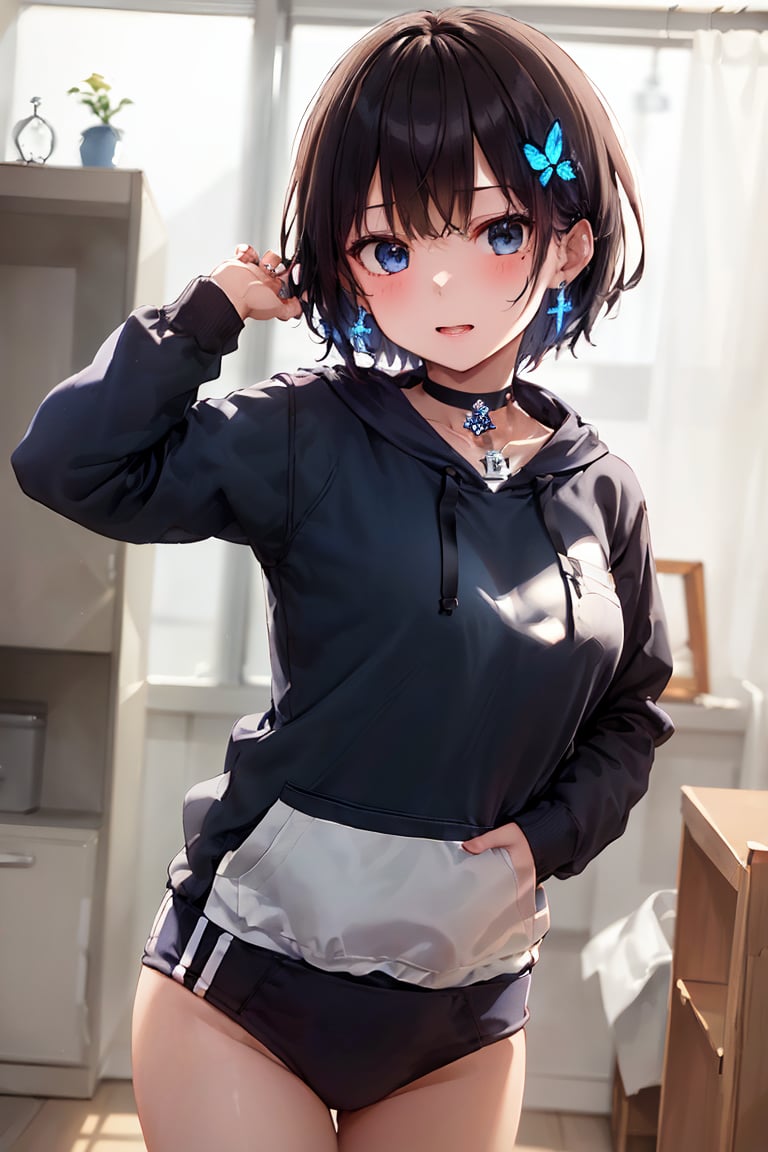 Masterpiece, top quality, (boyish beautiful girl:1.2), (burum:1.3) ((hoodie)), (Hoodie:1.3), Hoodie with Hood, Hoodie with Front Pocket,
((Glossy black hair)), ((gym uniform buruma))
Blue hair inside, blue butterfly hair accessory, shiny cross earrings, cross lace choker, very short hair, (Nakano Ichika), white line, 2 lines,jyojifuku,glowing cross earrings,blue inside of hair,((BRS0, KJP530R, burumaR,BRS2, KJP530SR, burumaR2,taisoufuku burumaR2))