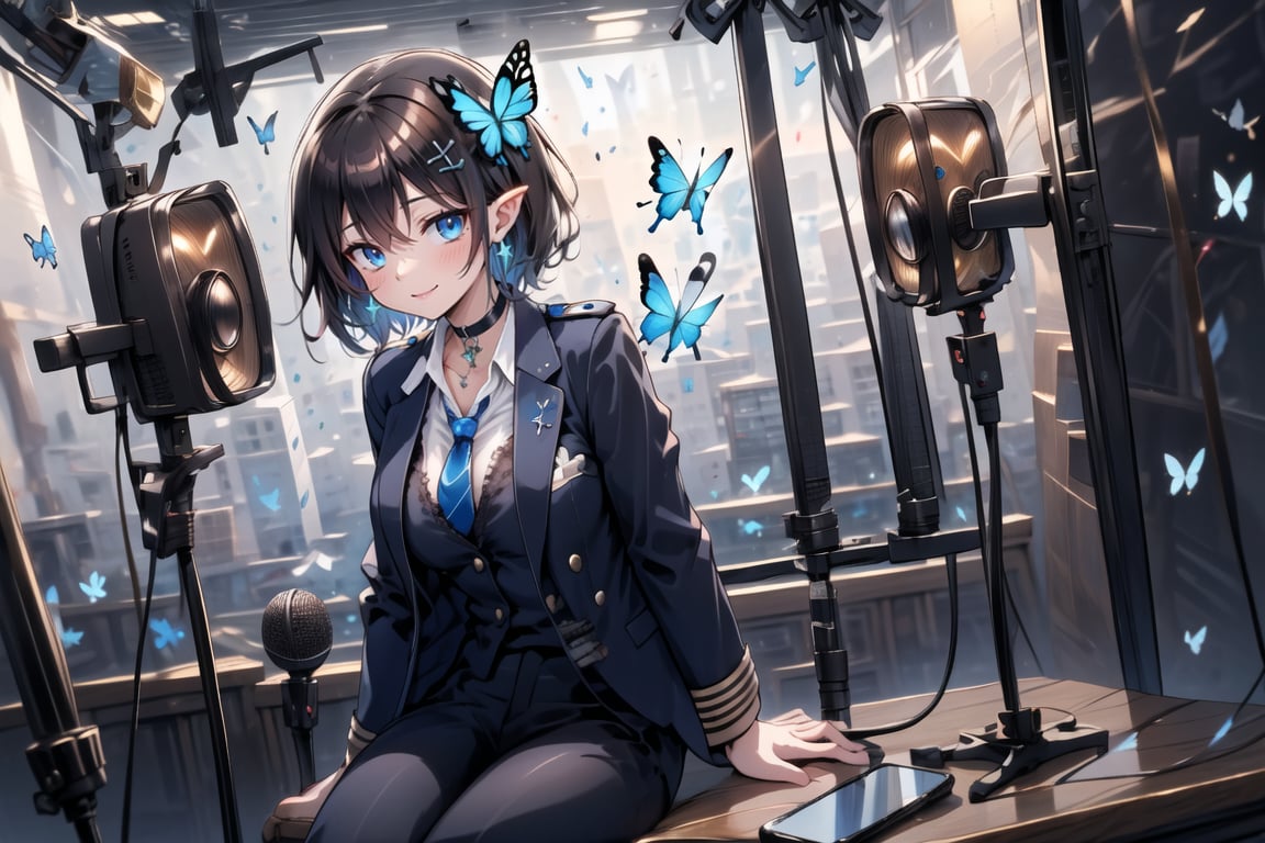 Masterpiece, highest quality, lovely and cute illustration, succubus princess, beautiful, aesthetic and cute, only daughter, solo, looking at the camera, blushing, smiling half-beautiful woman,
Break,
(The background is the school's broadcasting room. Behind the glass of the recording studio is the school cafeteria, where several students are:1), a large microphone for radio recording, a girl is broadcasting on the school's campus,

Her jewel-like blue eyes are so beautiful that they seem to draw you in.
Short hair, (black and brown bangs), black and brown medium hair, holy cross hair ornament, shiny blue cross hair ornament, blue cross clip, two-tone hair with shiny inner hair (brown and blue),
Break,
Accessories include gold and silver jewelry, x hair ornament, and cross hair clip.
Butterfly earrings, butterfly and jeweled choker, (silk jet black lace choker), feminine black lace choker
break,
(beautiful girl in trousers, uniform slacks decorated with flowers: 1), sit, take notes, (check on smartphone), (smartphone: 1)
navy blue blazer uniform jacket, white shirt and tie, collared shirt, open jacket, blue butterfly,black devil's tail