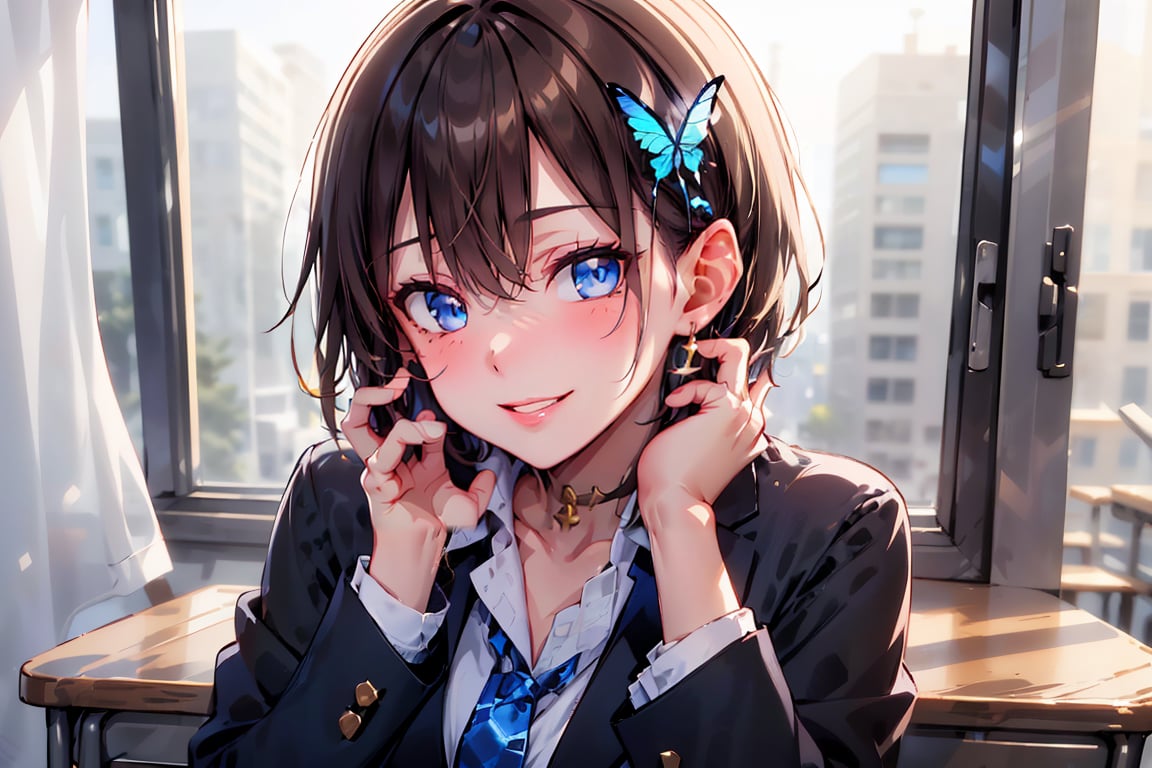 Masterpiece, Top Quality, Illustration, Succubus Princess, Cute, Pretty, (Portrait: 1.2), (Close-up),
Boyish beautiful girl), (Very short hair), Long bangs and short hair at the back, Blue inside of hair, Blue butterfly hair ornament, (Blue cross earrings), Lace neck choker with a cross, Her blue jewel-like eyes are so beautiful that they seem to draw you in, Blake,
(Adjusting earrings with both hands), Adjusting hair with both hands, Fingers of both hands touching ears, (Slightly open chest and blue tie: 0.6), Hair clip,
Feminine black lace choker, The choker is a jet black lace choker accessory that resembles silk women's underwear or gold or silver jewelry. Shirt, Sitting, School uniform, Jacket, White shirt, Open mouth, Tie, Collared shirt, Pants, Indoors, Black jacket, Checkered, Window, Checkered slacks, Chair, m, Blazer, Hair ornament, Blue tie, Desk, School desk