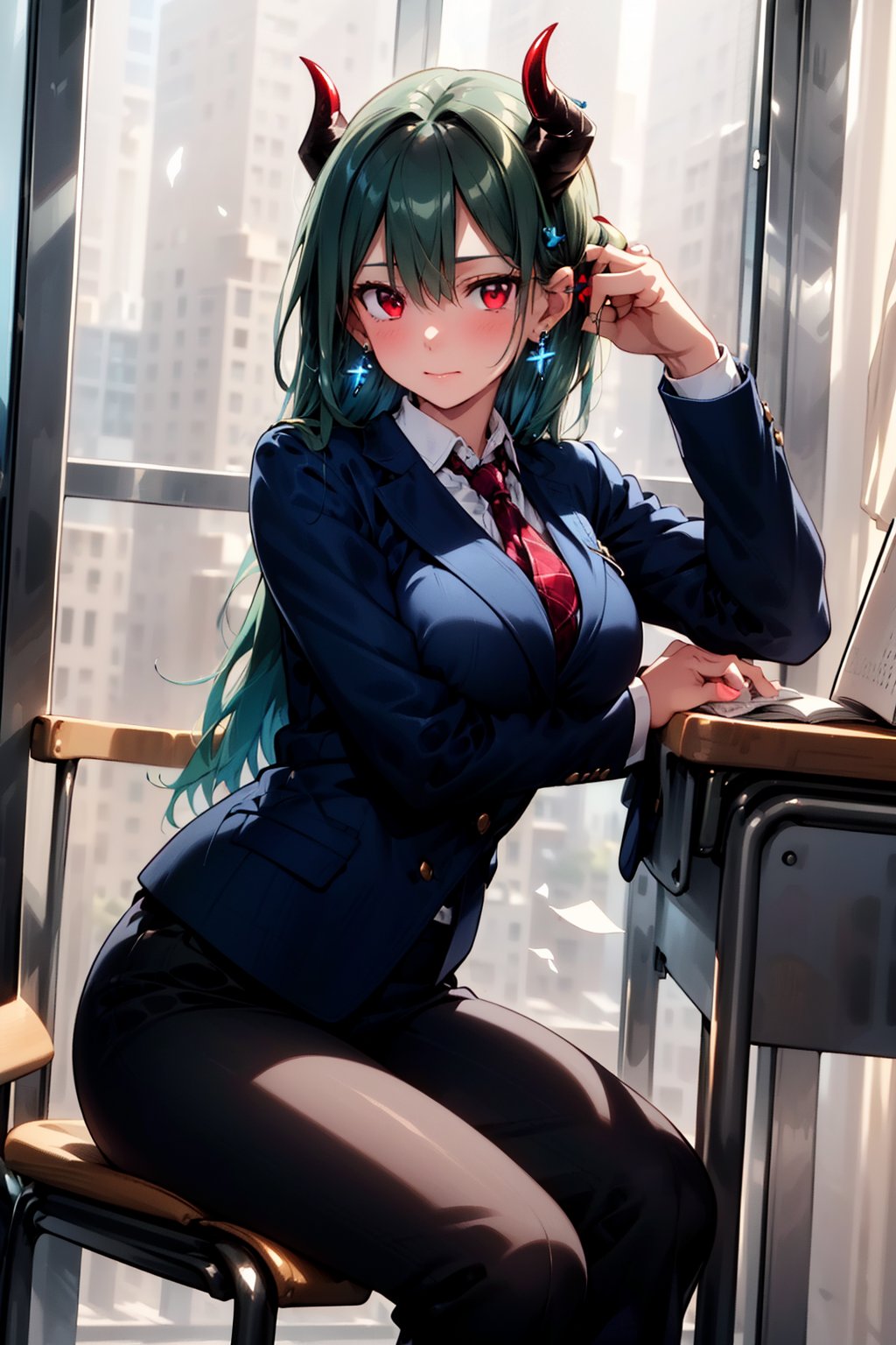 Very detailed, high quality, masterpiece, beautiful, BREAK 1 Girl, (beautiful red horns of a demon), (green hair), (close-up: 0.9), (16 years old), (fluffy, fragrant, shiny green hair, yellow-green inside, hair starting to dye), Blake, (self-hugging, hugging own body, hiding breasts with both arms),
(noble's long hair: 1.2), ((red eyes, beautiful as a jewel)), (short pointed ears, succubus's short pointed ears: 1)
Blake, (girl focus, female breasts), (blue eyes, beautiful as a jewel), embarrassed expression, BREAK, studying in a school library or studying in a classroom, (illustration of an open notebook, old illustration of a female demon in a book illustration:), (pencil drawing of a succubus in an ancient manuscript, old ancient manuscript), BREAK, dark blue blazer uniform, white collar shirt, long sleeves, (blue tie), (checkered blazer pants, checkered pants), dark jacket, peeking, BREAK viewer, (focus on face), sitting on chair studying, concentrating, tilting head, (cute gestures: 1.2), ((blue cross earrings, blue inside of hair)), blue butterfly hair ornament on head