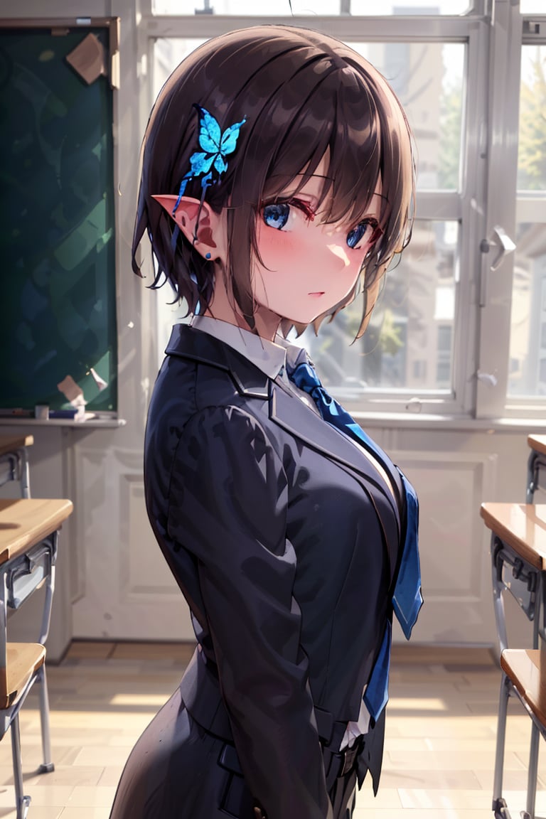 Very detailed, High quality, Masterpiece, Beautiful, BREAK 1 Girl, (Solo), (16 years old), (Very short hair, boyish beautiful girl: 1.2), (Short hair at the back, long hair at the front) Blake, (Focus on blackboard, large blackboard:1.3), (Blue eyes, beautiful like jewels), Embarrassed expression, BREAK, ((Standing, large blackboard in background)), Graffiti written on classroom blackboard, Illustration of succubus, Illustration of female demon drawn in illustration, Hand-drawn illustration of succubus, BREAK, Dark blue blazer uniform, White collar shirt, Long sleeves, (Blue tie), (Gray and blue checkered blazer pants, Blue checkered pants), Dark jacket, BREAK Viewer, Concentration, Tilting head, (Cute gesture: 1.2), ((Blue cross) earrings, Blue inside of hair), Blue butterfly hair ornament on head