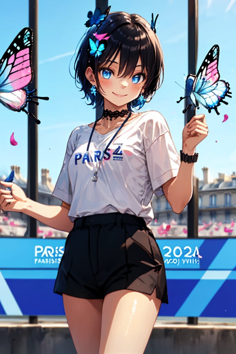 Masterpiece, Top Quality, Aesthetic, Score 9 Up, Score 8 Up, Score 7 Up, Score 6 Up, 1 Girl, Top Quality Image, A little smiling girl in a white T-shirt (((with the text "PARIS 2024"))) and black sports shorts is standing smiling holding the Olympic torch in a crowded sports stadium. ,Flat style,Text,
Blake,
((Very short hair)) Boyish,(Beautiful girl with short black hair),Boyish beauty,(Very short hair,Very short hair),Boyish girl,Well-dressed woman,Active girl,
(Blue butterflies and pink petals fluttering in the background),(Light blue inside the hair),Plump beautiful legs,Confident and sexy expression,,(Wide frilly lace choker 1.3),Shiny cross-on choker (Shiny and amazingly beautiful pointed ears hidden in the hair: 0.9),Demon ears slightly visible during transformation,Succubus ears slightly visible through the gaps in the hair,(Beautiful blue eyes),Jewel-like blue eyes,(Shiny black hair),Black hair,(Hair with color inside),Blue hair at the back,Two-tone hair,Cross lace choker,Cross necklace,Cross earrings,Blue butterfly hair accessory,(Cross hairpin),(Small pink hair accessory on the ear: 0.4),Charming succubus,