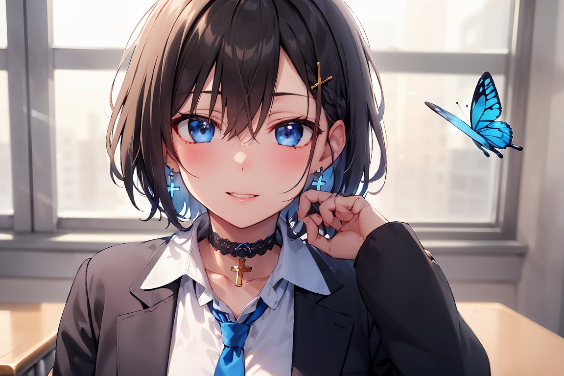 Masterpiece, highest quality, illustration, succubus princess, cute, cute, (portrait: 1.2), (close-up), 1 girl, solo, looking at viewer, blushing, smiling, (boyish beautiful girl), (very short hair), long bangs and short hair in the back, blue inside of hair, blue butterfly hair ornament,
(blue cross earrings), lace around neck choker with cross,


Her blue jewel-like eyes are so beautiful that you can almost be sucked into them.
Short hair, small braids (bangs are black and brown), hair between black and brown, holy cross hair ornament, shining blue cross hair ornament, blue cross clip, shiny inner hair (brown and blue) two-tone hair)

Accessories include gold and silver jewelry, x hair ornaments, and cross hair clips.
Butterfly earrings, butterfly & jewel choker (earrings & choker), (silk jet black lace choker), feminine black lace choker

Butterfly earrings, butterfly and jewel choker,
(Earrings and Chokers), A choker is a jet black lace choker accessory that resembles silk women's underwear or gold or silver jewelry.

short hair, bangs, blue eyes, brown hair, shirt, hair ornament, long sleeves, hair between the eyes, sitting, school uniform, jacket, white shirt, parted lips, tie, hair clip, collared shirt, pants, indoors, , medium hair, black jacket, plaid, window,
Plaid slacks, chair, black pants, blazer, hair ornament, blue tie, desk, school desk