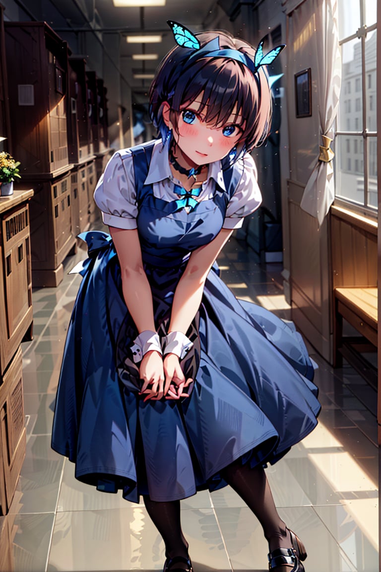 (Leaning forward),  Dark blue girls' uniform with a very long skirt,  (Small hairband and beautiful black hair) by らび@kiyo...