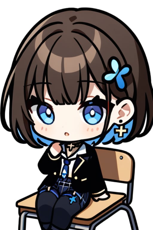 Top quality, (2 heads: 1.2), (White background: 1), (Full body standing: 1), (Animated chibi character: 1.1), (Full body from 2 heads feet: 1)

(1 female, Solo: 1.4),

braids (bangs are black and brown), hair between black and brown, holy cross hair ornament, shining blue cross hair ornament, blue cross clip, shiny inner hair (brown and blue) two-tone hair)

Accessories include gold and silver jewelry, x hair ornaments, and cross hair clips.
Butterfly earrings, butterfly & jewel choker (earrings & choker), (silk jet black lace choker), feminine black lace choker

Butterfly earrings, butterfly and jewel choker,
(Earrings and Chokers), A choker is a jet black lace choker accessory that resembles silk women's underwear or gold or silver jewelry.

short hair, bangs, blue eyes, brown hair, shirt, hair ornament, long sleeves, hair between the eyes, sitting, school uniform, jacket, white shirt, parted lips, tie, hair clip, collared shirt, pants, indoors, , medium hair, black jacket, plaid, window,
Plaid slacks, chair, black pants, blazer, hair ornament, blue tie, desk, school desk