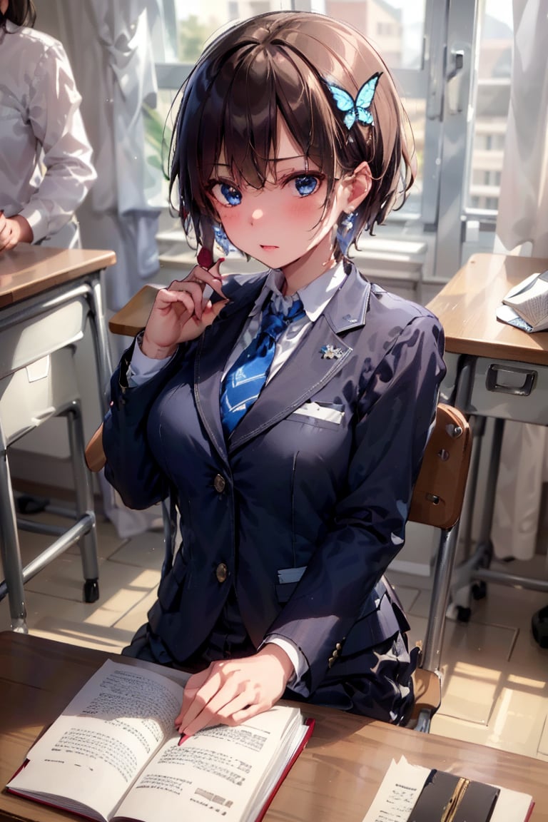 Very detailed, high quality, masterpiece, beautiful, BREAK 1 girl, (solo), (16 years old), (very short hair, boyish beautiful girl: 1.2), (short hair at the back, long hair at the front)
Blake,
(girl focus, female breasts), (blue eyes, beautiful like jewels), embarrassed expression, BREAK,
((sitting at a desk, sitting on a desk)), sitting in a school library or at a desk in a classroom, illustration of an open notebook, old illustration of a female demon in a book illustration, pencil drawing of a succubus in an ancient manuscript, old ancient manuscript,
BREAK, dark blue blazer uniform, white collar shirt, long sleeves, (blue tie), (gray and blue checkered blazer pants, blue checkered pants), dark jacket, peeking, BREAK viewer, concentrating, tilting head, (cute gestures: 1.2), ((blue cross) earrings, blue inside of hair), blue butterfly hair ornament on head