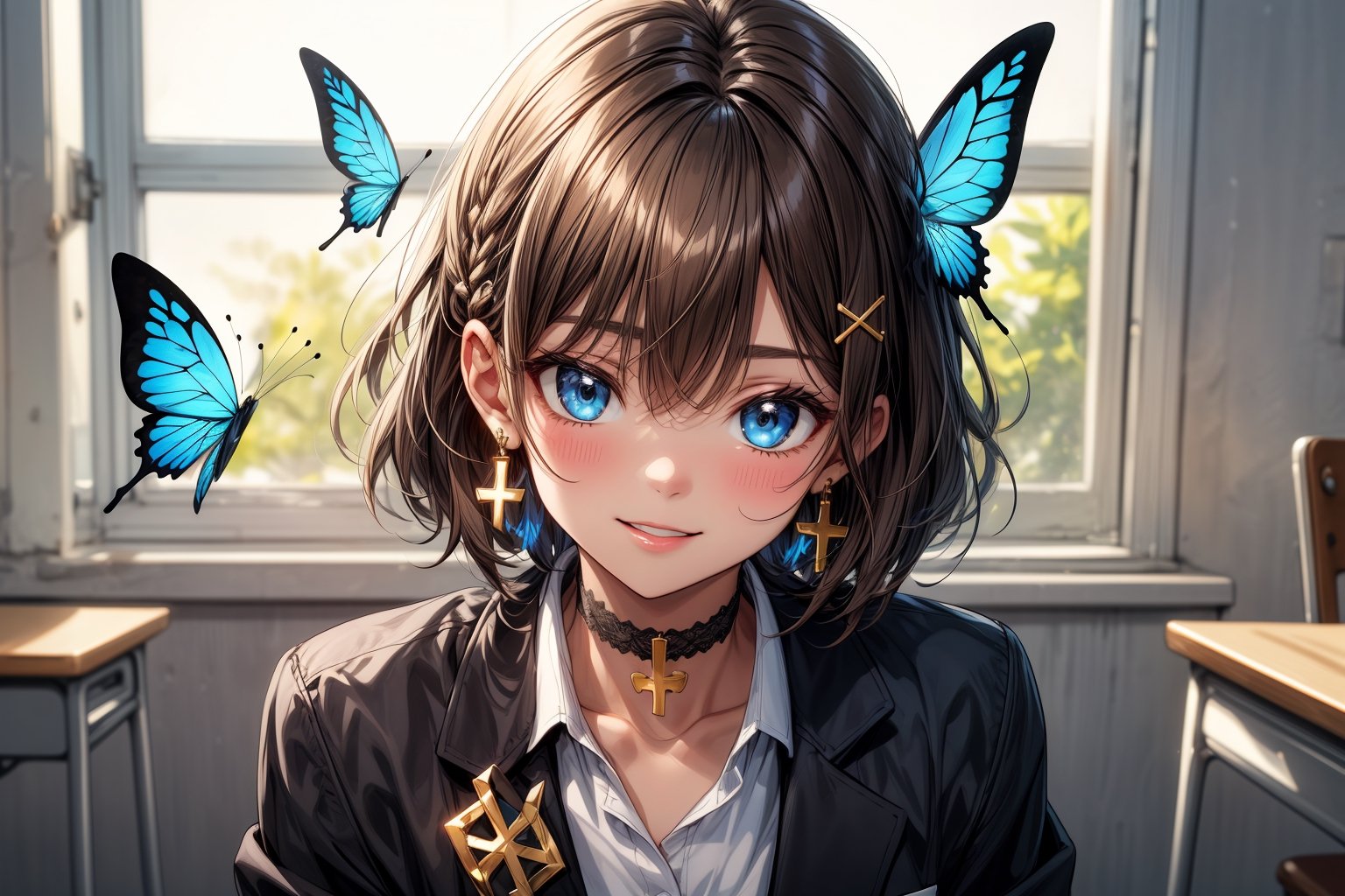 Masterpiece, highest quality, illustration, succubus princess, cute, cute, (portrait: 1.2), (close-up), 1 girl, solo, looking at viewer, blushing, smiling,


Her blue jewel-like eyes are so beautiful that you can almost be sucked into them.
Short hair, small braids (bangs are black and brown), hair between black and brown, holy cross hair ornament, shining blue cross hair ornament, blue cross clip, shiny inner hair (brown and blue) two-tone hair)

Accessories include gold and silver jewelry, x hair ornaments, and cross hair clips.
Butterfly earrings, butterfly & jewel choker (earrings & choker), (silk jet black lace choker), feminine black lace choker

Butterfly earrings, butterfly and jewel choker,
(Earrings and Chokers), A choker is a jet black lace choker accessory that resembles silk women's underwear or gold or silver jewelry.

short hair, bangs, blue eyes, brown hair, shirt, hair ornament, long sleeves, hair between the eyes, sitting, school uniform, jacket, white shirt, parted lips, tie, hair clip, collared shirt, pants, indoors, , medium hair, black jacket, plaid, window,
Plaid slacks, chair, black pants, blazer, hair ornament, blue tie, desk, school desk