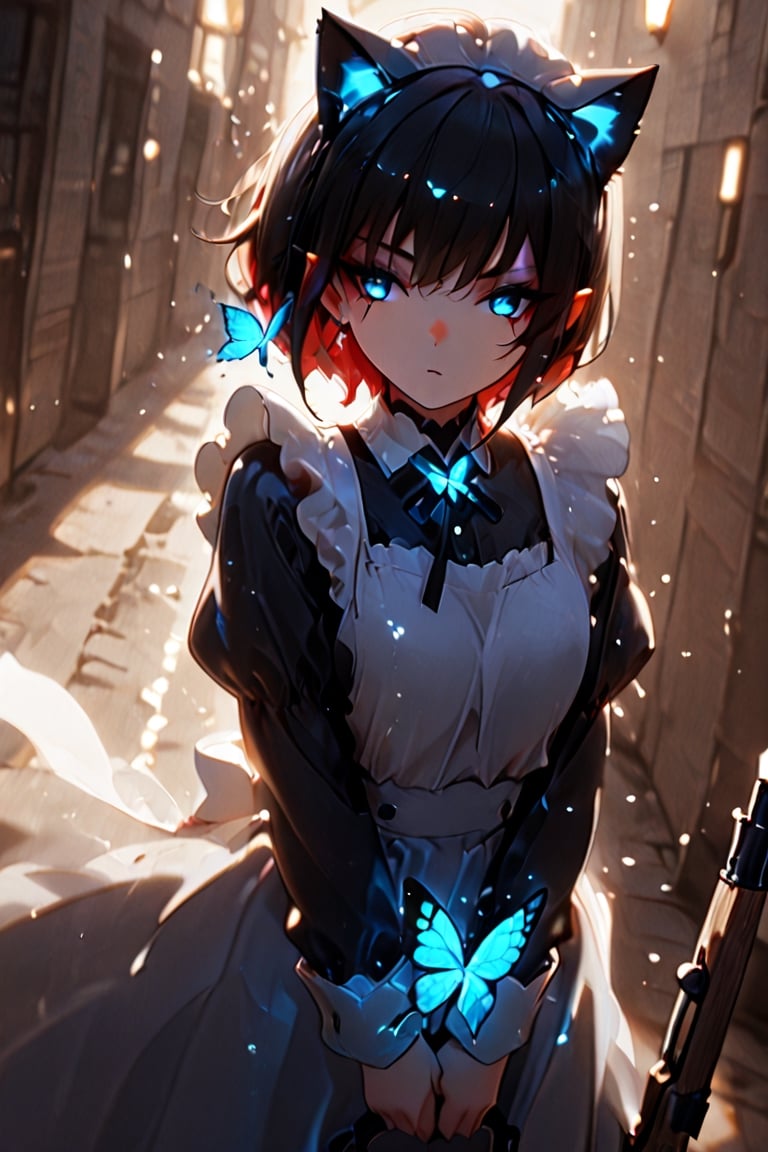 ((Long,  beautiful hair,  dynamic movement. Wind blowing through her hair.)) A lively girl with cat ears. Her long hair fe...