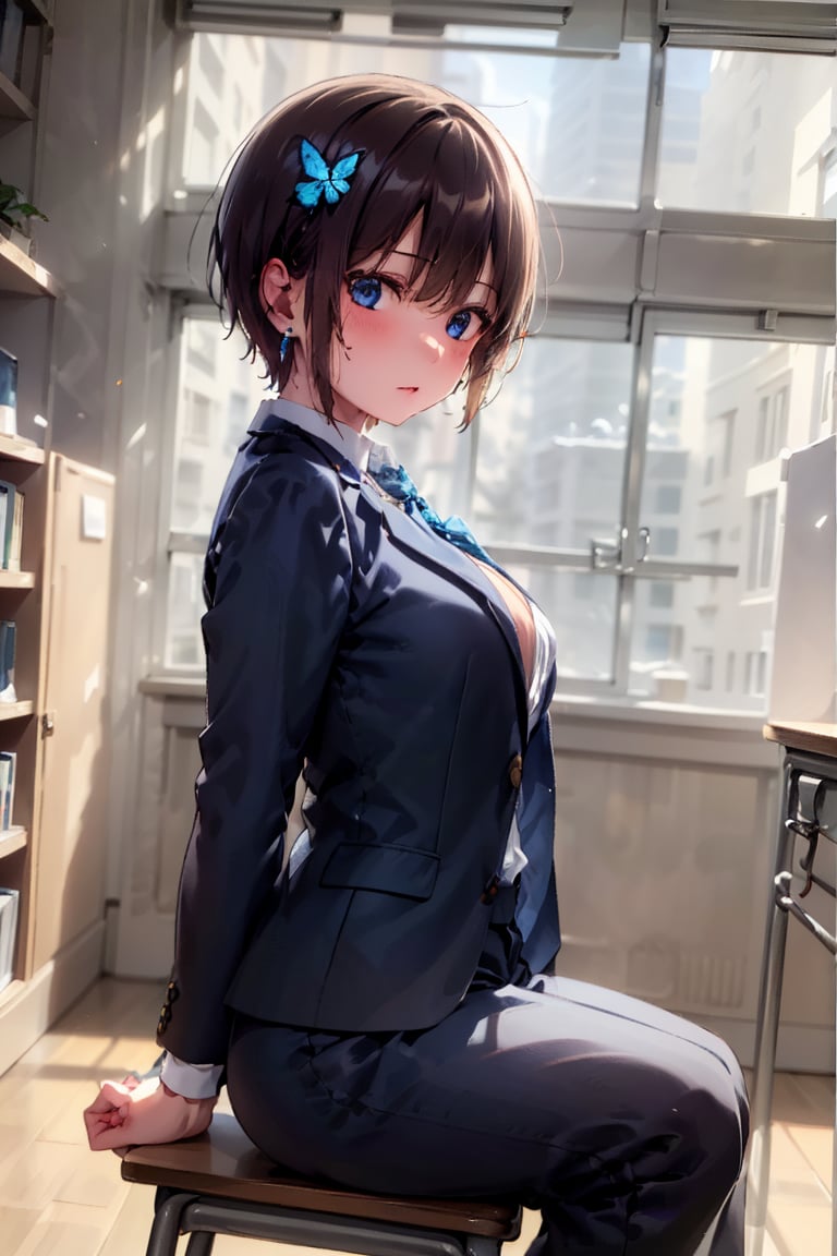 Very detailed, high quality, masterpiece, beautiful, BREAK 1 girl, (solo), (16 years old), (very short hair, boyish beautiful girl: 1.2), (short hair at the back, long hair at the front)
Blake,
(girl focus, female breasts), (blue eyes, beautiful like jewels), embarrassed expression, BREAK,
((sitting at a desk, sitting on a desk)), sitting in a school library or at a desk in a classroom, illustration of an open notebook, old illustration of a female demon in a book illustration, pencil drawing of a succubus in an ancient manuscript, old ancient manuscript,
BREAK, dark blue blazer uniform, white collar shirt, long sleeves, (blue tie), (gray and blue checkered blazer pants, blue checkered pants), dark jacket, peeking, BREAK viewer, concentrating, tilting head, (cute gestures: 1.2), ((blue cross) earrings, blue inside of hair), blue butterfly hair ornament on head