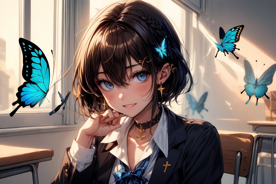 Masterpiece, highest quality, illustration, succubus princess, cute, cute, (portrait: 1), (close-up:1), 1 girl, solo, looking at viewer, blushing, smiling,


Her blue jewel-like eyes are so beautiful that you can almost be sucked into them.
Short hair, small braids (bangs are black and brown), hair between black and brown, holy cross hair ornament, shining blue cross hair ornament, blue cross clip, shiny inner hair (brown and blue) two-tone hair)

Accessories include gold and silver jewelry, x hair ornaments, and cross hair clips.
Butterfly earrings, butterfly & jewel choker (earrings & choker), (silk jet black lace choker), feminine black lace choker

Butterfly earrings, butterfly and jewel choker,
(Earrings and Chokers), A choker is a jet black lace choker accessory that resembles silk women's underwear or gold or silver jewelry.

short hair, bangs, blue eyes, brown hair, shirt, hair ornament, long sleeves, hair between the eyes, sitting, school uniform, jacket, white shirt, parted lips, tie, hair clip, collared shirt, pants, indoors, , medium hair, black jacket, plaid, window,
Plaid slacks, chair, black pants, blazer, hair ornament, blue tie, desk, school desk