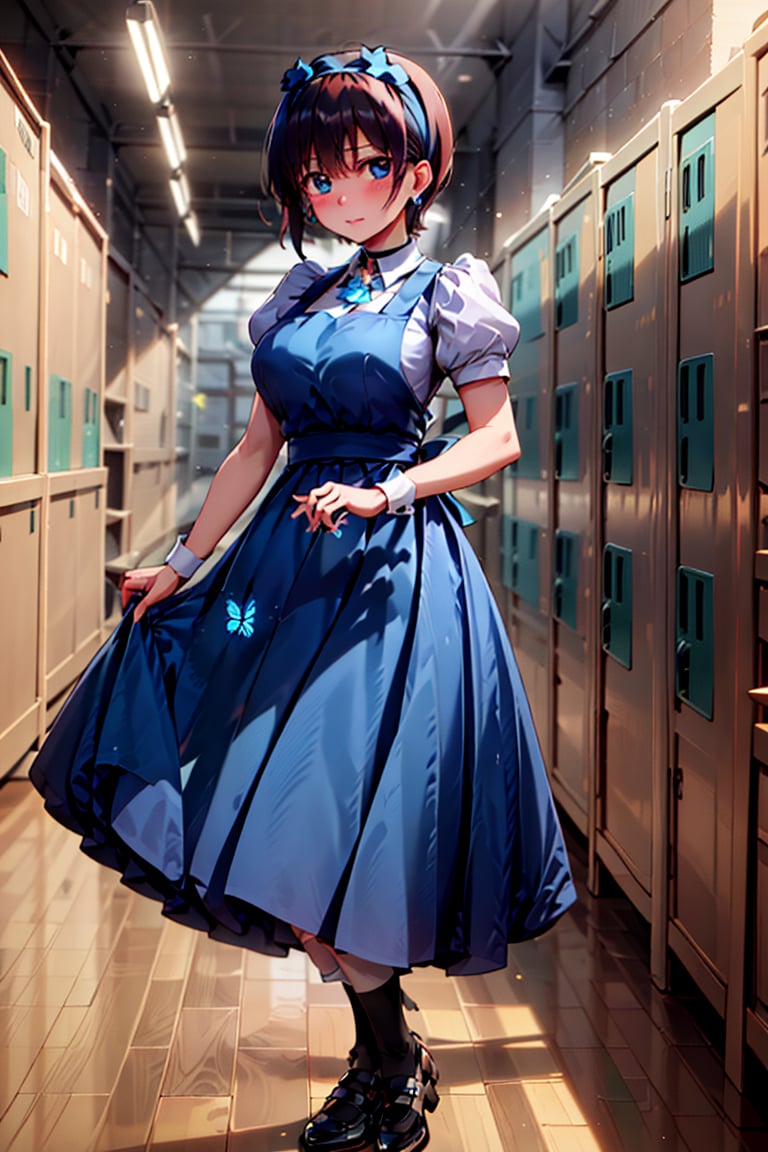 A dark blue girl's uniform with a very long skirt,  ((Hairband and beautiful black hair)) (Solo),  (Shiny black hair) by ら...