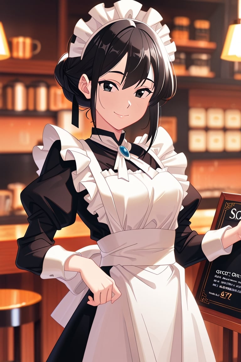 Cafe background,  (((Blurred background))) She is showing a menu One girl,  upper body by らび@kiyoka_succubus on Tensor.Art
