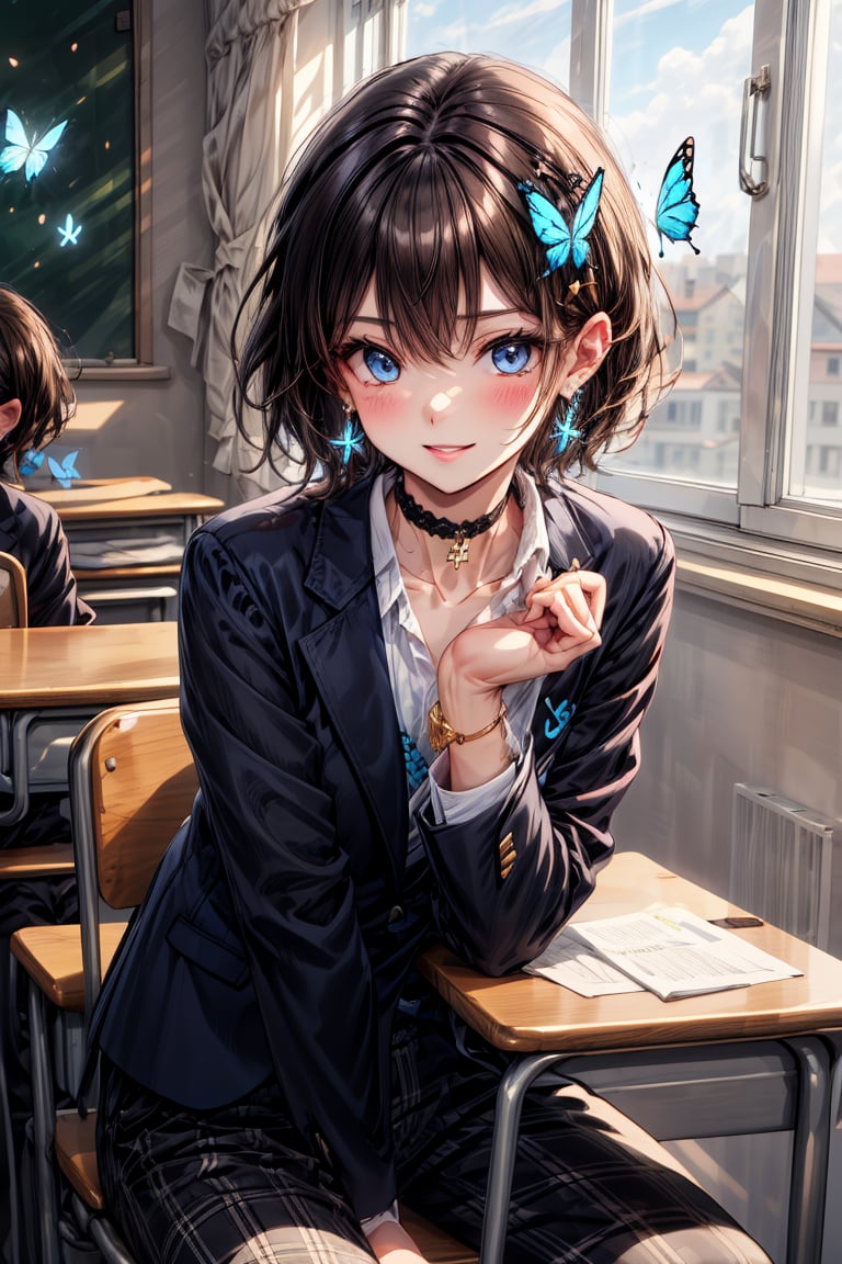 Masterpiece, highest quality, illustration, succubus princess, cute, cute, (portrait: 1), (close-up:1), 1 girl, solo, looking at viewer, blushing, smiling,


Her blue jewel-like eyes are so beautiful that you can almost be sucked into them.
Short hair, small braids (bangs are black and brown), hair between black and brown, holy cross hair ornament, shining blue cross hair ornament, blue cross clip, shiny inner hair (brown and blue) two-tone hair)

Accessories include gold and silver jewelry, x hair ornaments, and cross hair clips.
Butterfly earrings, butterfly & jewel choker (earrings & choker), (silk jet black lace choker), feminine black lace choker

Butterfly earrings, butterfly and jewel choker,
(Earrings and Chokers), A choker is a jet black lace choker accessory that resembles silk women's underwear or gold or silver jewelry.

short hair, bangs, blue eyes, brown hair, shirt, hair ornament, long sleeves, hair between the eyes, sitting, school uniform, jacket, white shirt, parted lips, tie, hair clip, collared shirt, pants, indoors, , medium hair, black jacket, plaid, window,
Plaid slacks, chair, black pants, blazer, hair ornament, blue tie, desk, school desk