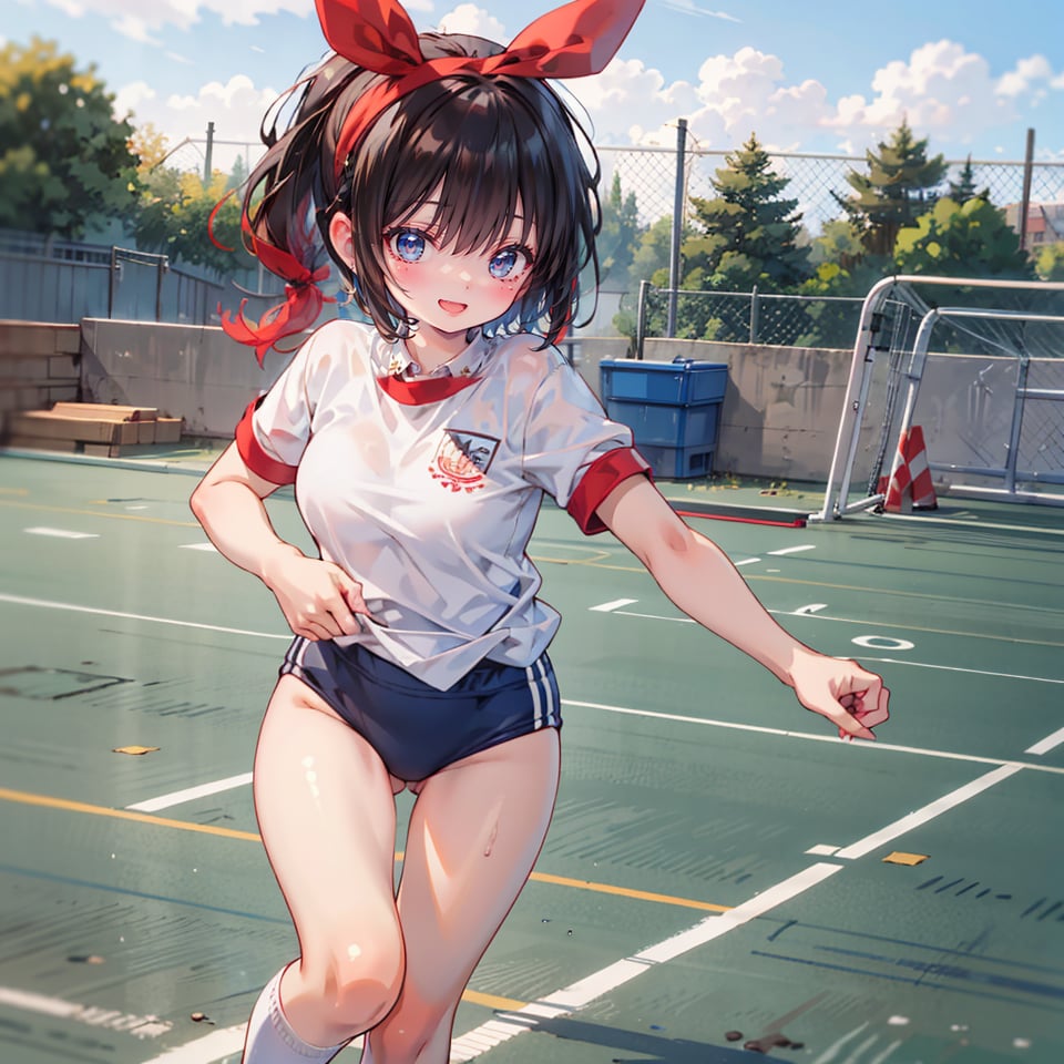 1girl,black hair,lower pony tail,red head band,angry ,gym_uniform,white shirts  short sleeve over size,length over,red buruma,white loose socks,sneaker,red buruma,BURUMA,outdoor,track field,GYM UNIFORM,socks,gr buruma,BRS0