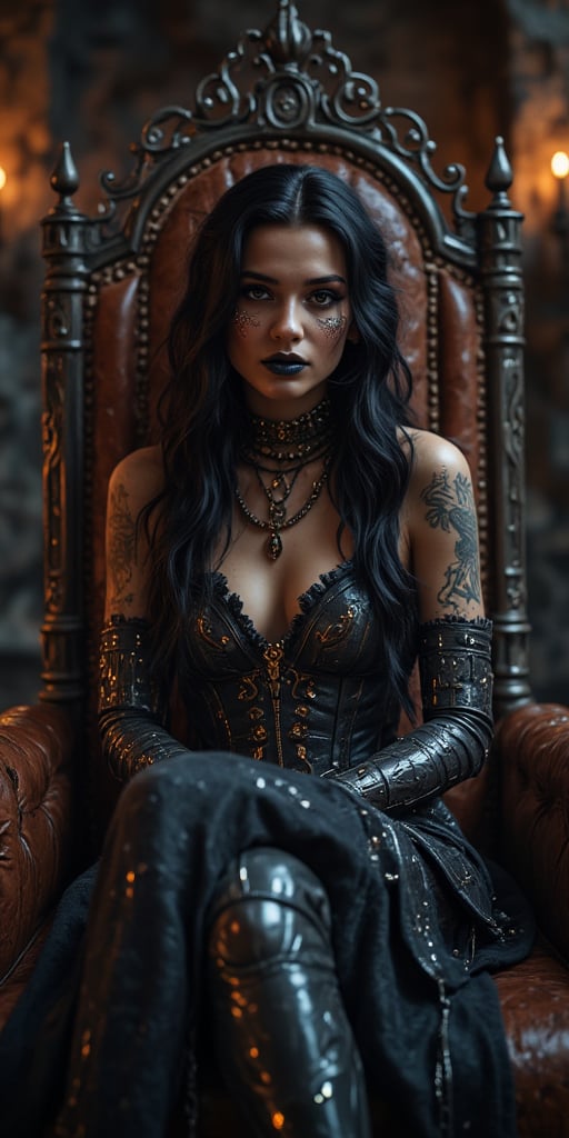 A lavish throne room set against a backdrop of distressed stone walls and flickering candles. A statuesque Dragqueen, her long black hair cascading down her back like a waterfall of night, sits regally upon a worn leather throne. Her eyes burn with an inner fire, their dark irises gleaming like onyx as she gazes out at the viewer. Her lips, painted a deep shade of indigo, curve into a sly smile, revealing a hint of metallic piercings that glint in the dim light. The Rococo punk fantasy outfit, adorned with intricate engravings and ornate hardware, appears to be crafted from dark, twisted metal, as if forged from the very essence of rock music itself.