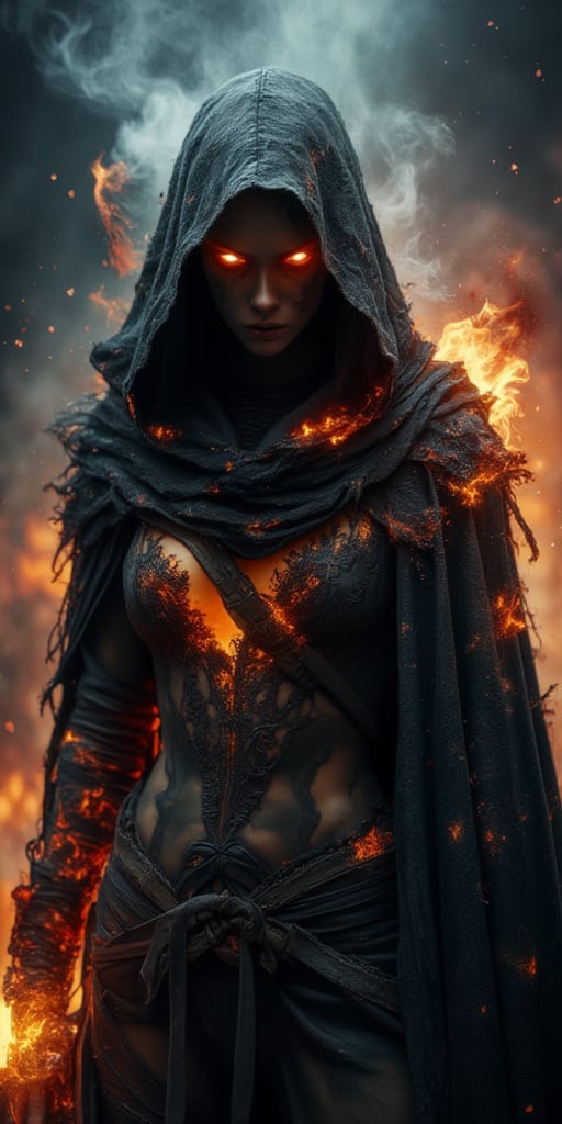 A powerful and intense image of a mysterious and fierce warrior, enveloped in a dark and smoldering atmosphere. She is dressed in a tattered, black hooded cloak that barely conceals her form, with glowing, ember-like patterns searing through the fabric and her skin, giving the impression of a being forged from fire and darkness. Her eyes glow ominously from beneath the shadow of her hood, exuding a sense of danger and otherworldly power. The clothing she wears underneath is a mix of intricate lace and leather, accentuating her form and adding to the dark allure of her appearance. The background is filled with swirling smoke and embers, creating a stark contrast with the fiery glow that seems to emanate from within her, as if she is on the brink of unleashing unimaginable power.

(((dark fire warrior))), close-up shot, intense lighting, smoldering atmosphere BREAK ((best quality:1.6)), ((high details:1.5)), ((highres:1.5)), ((4K:1.5)), ((ember effects:1.3)), ((tattered cloak:1.3)) BREAK inspired by the styles of Greg Rutkowski | Artgerm | Pascal Blanche | WLOP.