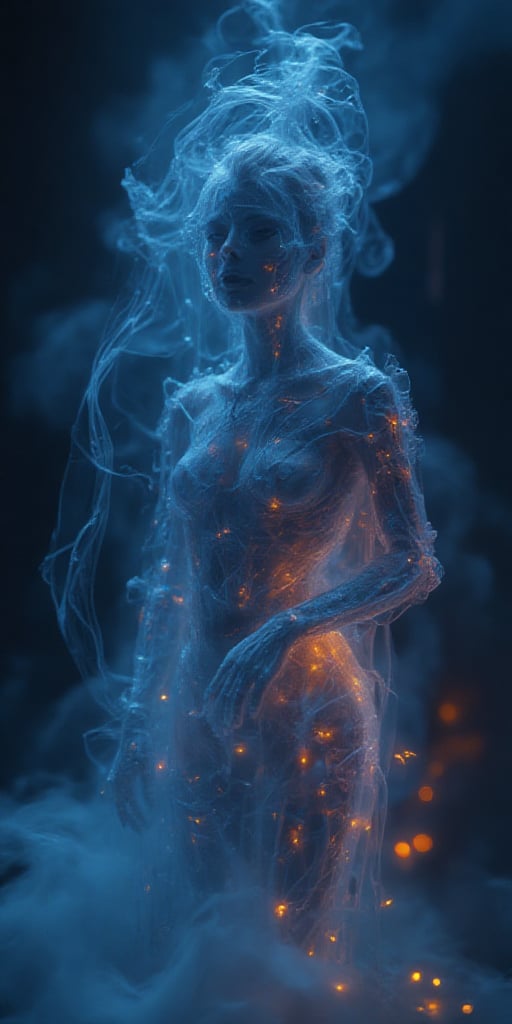 A figure composed entirely of swirling blue smoke coalesces into a feminine form,  bathed in warm,  golden light that cast...