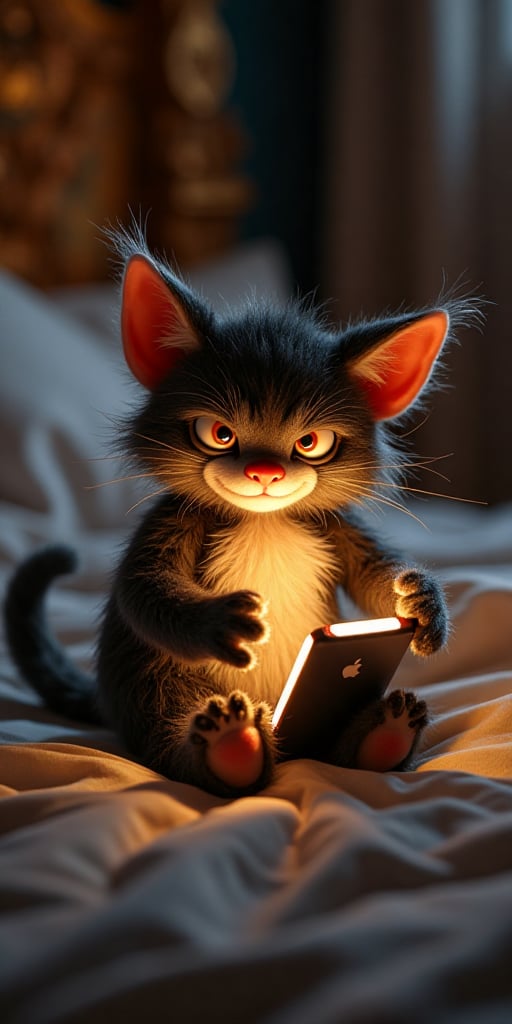 A scowling stuffed monster cat sitting on a bed with a phone in its paws, Alice in Wonderland 3 d, grinning, illuminated by the light of the phone. cinematic lighting, Ian Gregor, Weta Studio and James Jean, evil and helpless, promotional images, cute fluffy gremlin, still from the movie, Wang Yuanqi, aftereffects, manticore, still from the movie -