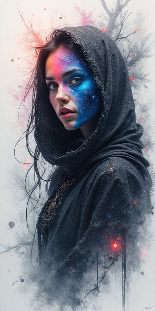 Create a pencil sketch of a mysterious character named "Nyx" who embodies the duality of light and darkness. Nyx has long flowing hair and wears a cloak that obscures half of their face, adding to the enigmatic aura.

In the sketch, depict one half of Nyx's face and attire in vivid, vibrant colors symbolizing vitality, while the other half remains in detailed monochrome, accentuating the shadows and mystery surrounding Nyx. Let the contrast between the colored and monochrome parts highlight the character's internal conflict or complexity.

Consider incorporating subtle elements such as wisps of shadowy tendrils intertwining with the vibrant colors to emphasize Nyx's dual nature.

Feel free to add any additional details or embellishments that enhance the character's mystique and captivate the viewer's imagination.,Luminescent glow 