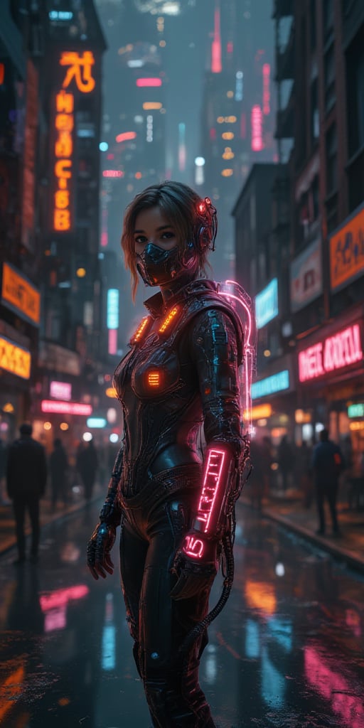 Image: A female bust shot wearing cybernetic suits, headgear, cyber goggles, hidden behind a gas mask, with a mechanical arm surrounded by high-tech machinery and advanced technology in a dystopian cyberpunk world. The setting includes towering skyscrapers, neon-lit alleyways, and a polluted cityscape. The woman has a holographic display with an augmented reality overlay, showcasing her role as a secret worker in a vast cyberpunk metropolis.

Descriptive keywords: Cybernetic, futuristic, dark, gritty, technological, dystopian.

Photographic style: Cinematic and high-resolution with sharp focus and dramatic lighting to emphasize the cyberpunk theme.

Tone: Serious, mysterious, and intense.

Object: Female cyber worker.

Action: Standing in a dynamic action pose, looking towards the viewer with determination and purpose.