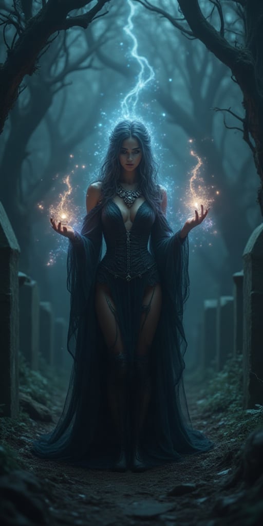 In a dimly lit, ancient cemetery, a mystical necromancer stands amidst crumbling headstones. Her ethereal beauty is illuminated by an otherworldly glow emanating from her piercing eyes. A flowing black robe drapes elegantly around her figure, adorned with intricate skull-shaped jewelry that seems to pulse with dark energy. As she raises her hands, a swirling vortex of mystical force erupts around her, casting a powerful spell into the night air. The mysterious atmosphere is palpable, punctuated by an eerie silence and an abundance of twisted, gnarled trees that seem to reach out like skeletal fingers.