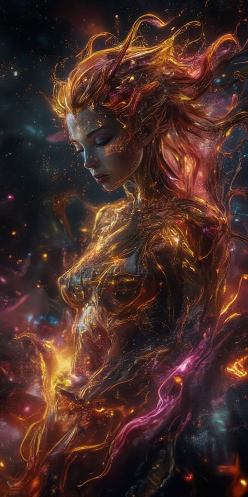 (body formed by galactic liquid mauevine and black metallic paint twisting into a beautiful interpretation of the female figure), au naturel,((complex galactic metallic colours in the foreground)), (( fluid mechanics, the loveliest smooth scale face makeup, smirky expression)) - red, black and gold, onyxia, metallic color palette g0s1,Sparkle Glowing,3dartCA