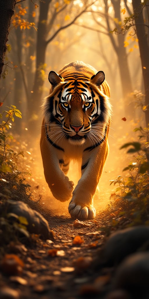 combined illustration of a mighty tiger in the jungle very fast running to the viewer, trees and flower, in a massive cloud of dust, aggression, anger, hyperrealistic scene, heavy rain, detailed focus, epic fantasy scene, vivid colors, Enchanted Masterpiece, Fantasycore, Award-Winning, Masterpiece, contrast, faded,
golden patterns, golden and black spirit, liquid gold explosion, golden smoke magic, star dust, golden milky way, black background, magic fog, alcohol ink,Luminescent glow 