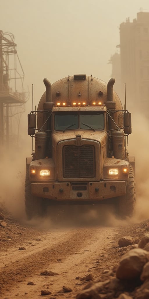 Brutal fuel tanker breaks through sandstorm, post-apocalypse ravaged world, headlights piercing the chaos. 
 A detailed description of the epic scene as the massive tanker, covered in dirt and rust, plows forward, leaving debris in its wake. The sandstorm swirls around the tanker, engulfing it in a haze of dust and grit. The headlights cut through the darkness, illuminating the surrounding wasteland. The tanker's size and sheer brutality are emphasized by its menacing presence, creating a sense of awe and danger. 
 The environment is desolate and barren, with crumbling buildings and scattered debris. The remnants of civilization are slowly being reclaimed by nature, adding to the post-apocalyptic atmosphere. 
 The mood is tense and chaotic, reflecting the harsh reality of the world. The air is thick with uncertainty and danger, as survivors scurry to find shelter. The sound of roaring engines and swirling sand echo through the scene, heightening the sense of urgency. 
 Style: Hyper-realistic digital painting 
 Execution: Using professional-grade digital painting software, such as Photoshop, the artist will meticulously render every detail of the scene. Textures, lighting, and shadows will be carefully crafted to convey the gritty atmosphere of the post-apocalyptic world. The final artwork will be rendered in high resolution (8K) to capture the intricate details.(Incredibly Detailed:1.1),(Incredibly cinematic:1.1),(High detail model:1.1),(Incredibly Realistic Tones:1.1),(Deep sharpness:1.1),(Incredibly realistic:1.1),(Detailed middle ground:1.1),(Detailed background:1.1),(Fine detail:1.1),(Photo RAW:1.1),(Incredible Masterpiece:1.1),(Incredibly Detailed Face:1.1),