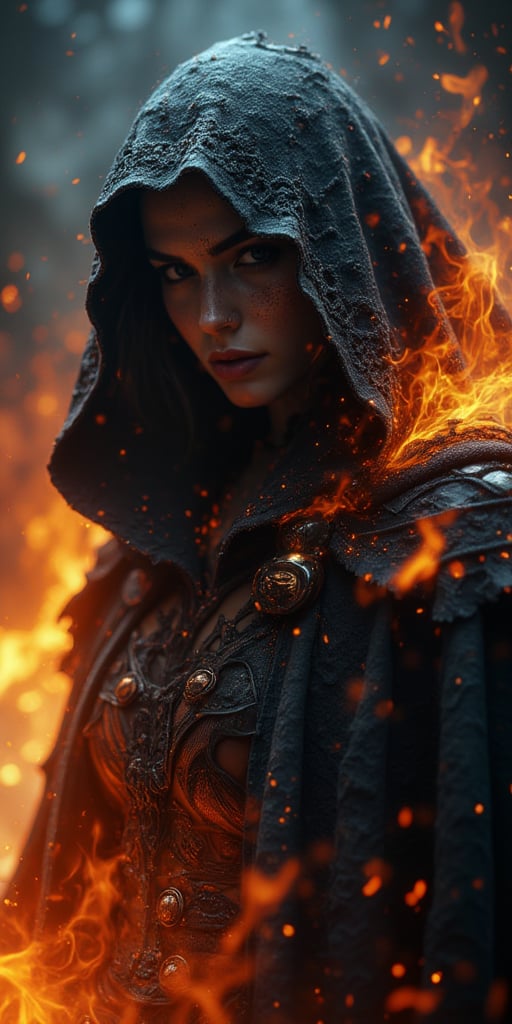 Here's a prompt for a dark fire warrior image:

A close-up shot of a mysterious, fierce warrior, bathed in intense, smoldering lighting that accentuates her fiery aura. Her tattered, black hooded cloak seems to be consumed by ember-like patterns that sear through the fabric and her skin, as if she's been forged from darkness and flame. Glowing embers dance beneath the shadows of her hood, exuding an air of danger and otherworldly power. Intricate lace and leather adornments add a layer of dark allure to her attire, as swirling smoke and embers fill the background, creating a stark contrast with the fiery glow emanating from within. Inspired by the styles of Greg Rutkowski, Artgerm, Pascal Blanche, and WLOP.