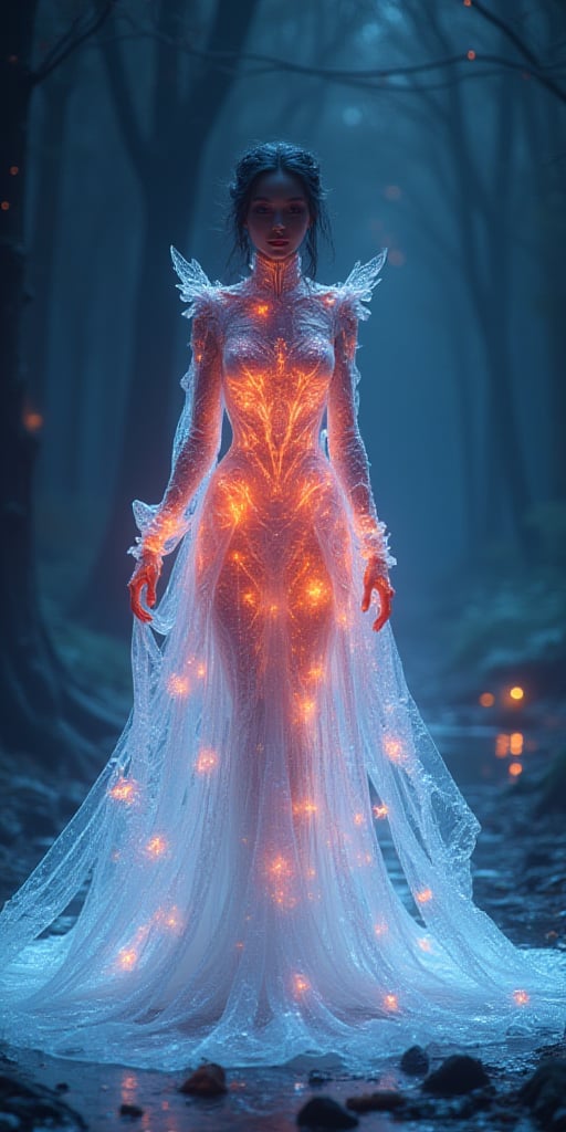 

Image: Full-body shot, wide-angle evening gown made of ice and fire, extremely detailed in fantasy art style, depicting a beautiful model presenting the gown. The image should showcase ice and fire elements perfectly blended together, rendered in ultra-high quality up to 8k resolution, hyperrealistic and extremely detailed.

Descriptive keywords: Elegance, contrast, ethereal, magical

Photographic style: High-fashion editorial, dramatic lighting

Tone: Mystical, enchanting

Object: Evening gown made of ice and fire

Action: Glowing and shimmering with ethereal energy, showcasing a seamless fusion of ice and fire elements in a mesmerizing display,Sparkle Glowing,Luminescent glow 