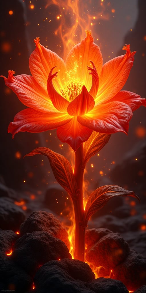 detailed fiery lava flower,molten fiery flower,glowing magma flower,scorching volcanic flower,swirling lava petals,brilliant orange and red floral,ethereal fiery bloom,otherworldly magma flora,blazing hot magmatic flower,dynamic lava-inspired blossom,(best quality,4k,8k,highres,masterpiece:1.2),ultra-detailed,(realistic,photorealistic,photo-realistic:1.37),highly detailed,vivid colors,volumetric lighting,cinematic lighting,dramatic lighting,stunning colors,hyper realistic,digital art,concept art,fantasy flower