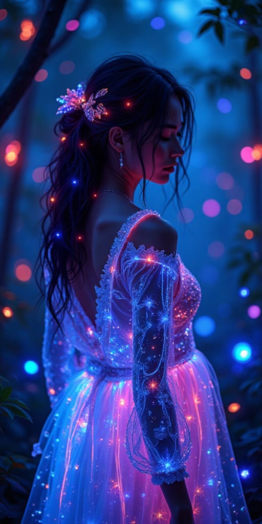 In a mesmerizing display of bioluminescent brilliance, a radiant girl emerges glowing with vibrant hues that dance and swirl like illuminated ribbons. As she moves, her luminous presence paints the world with cascades of enchanting colors, casting a spell of awe and wonder upon all who behold her ethereal beauty.,Artwork 