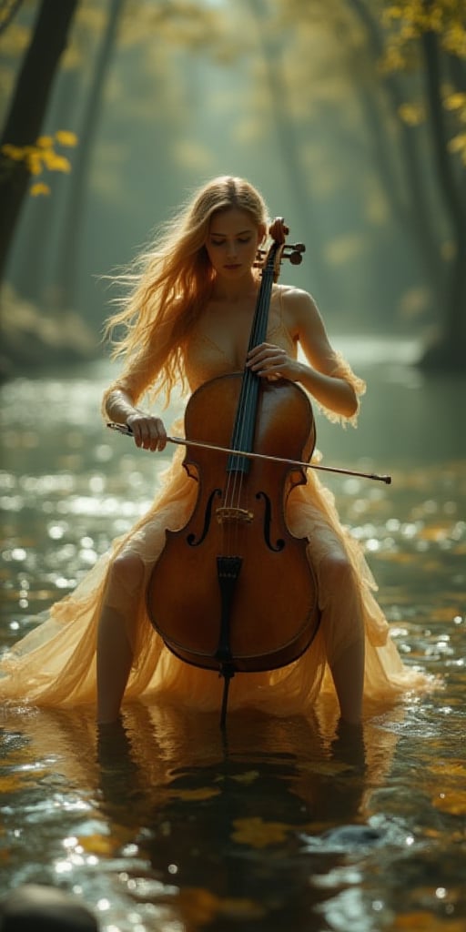 Image: A serene aquatic scene with a woman playing cello by the water.

Descriptive keywords: Serene, musical, natural, mystical

Photographic style: Soft focus with warm, natural lighting to enhance a dreamy and ethereal feel.

Tone: Peaceful and enchanting with a hint of magic.

Object: Cello

Action: The woman plays the cello beautifully, creating harmony that resonates with the surrounding nature, embodying a connection between music and the elements.