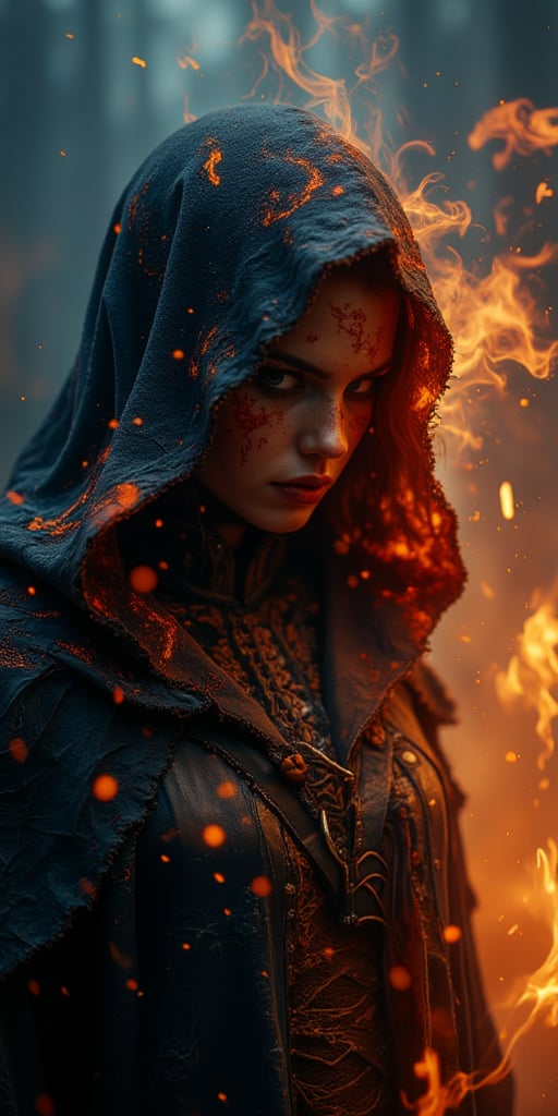 Here's a prompt for a dark fire warrior image:

A close-up shot of a mysterious, fierce warrior, bathed in intense, smoldering lighting that accentuates her fiery aura. Her tattered, black hooded cloak seems to be consumed by ember-like patterns that sear through the fabric and her skin, as if she's been forged from darkness and flame. Glowing embers dance beneath the shadows of her hood, exuding an air of danger and otherworldly power. Intricate lace and leather adornments add a layer of dark allure to her attire, as swirling smoke and embers fill the background, creating a stark contrast with the fiery glow emanating from within. Inspired by the styles of Greg Rutkowski, Artgerm, Pascal Blanche, and WLOP.