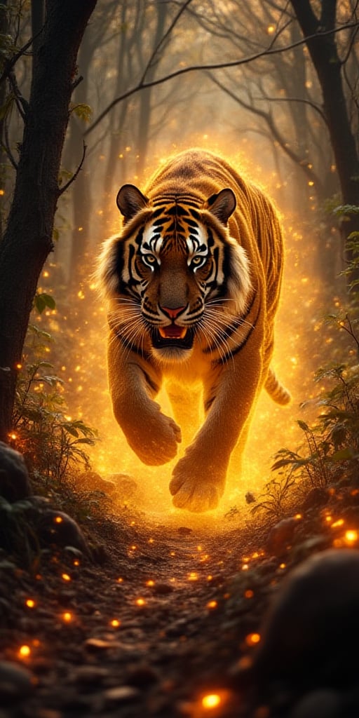 combined illustration of a mighty tiger in the jungle very fast running to the viewer, trees and flower, in a massive cloud of dust, aggression, anger, hyperrealistic scene, heavy rain, detailed focus, epic fantasy scene, vivid colors, Enchanted Masterpiece, Fantasycore, Award-Winning, Masterpiece, contrast, faded,
golden patterns, golden and black spirit, liquid gold explosion, golden smoke magic, star dust, golden milky way, black background, magic fog, alcohol ink,Luminescent glow 