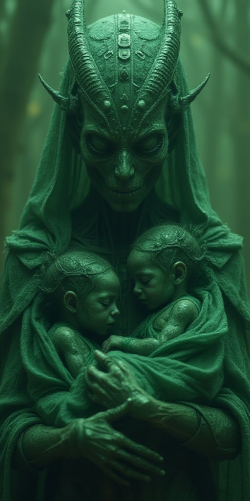  A serene yet haunting scene depicts a humanoid cradling two children—one human, one humanoid—in her arms. The humanoid mother gazes at them with a peaceful expression. The human child, wrapped delicately in a green, net-like material, sleeps soundly, while the humanoid child, resembling its mother, nestles beside the sibling. Tears stream from the humanoids eyes, evoking a sense of sorrow suggesting both entrapment and technological dependency. Intricate patterns adorn her head, leading to a majestic headdress in the shape of a dragon’s head. This elaborate crown features geometric designs—circles, squares, and triangles—that add to the surreal quality of the scene. The humanoids body is draped in a green mesh that gives her an otherworldly, futuristic appearance. The color palette is dominated by dull green and shining graphite, blending organic and mechanical elements in a visual display of tenderness and alien beauty.,Luminescent glow 