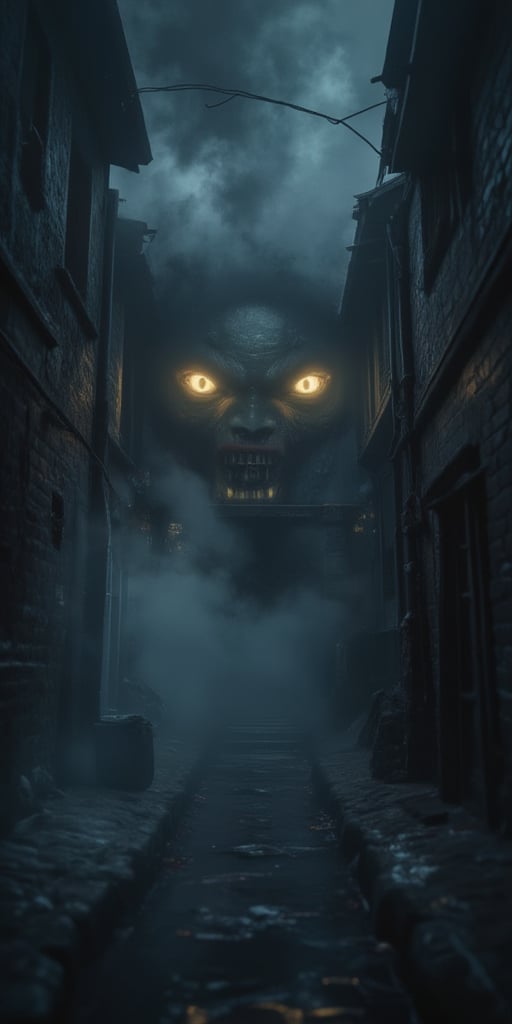 ((a female vampire's pair of glowing eyes shines)) close up picture, the fog hides the face, you see only the glowing eyes , you see only the pair of eyes, fantasy dark alley background, the fog fills the alley, you see only the glowing eyes 