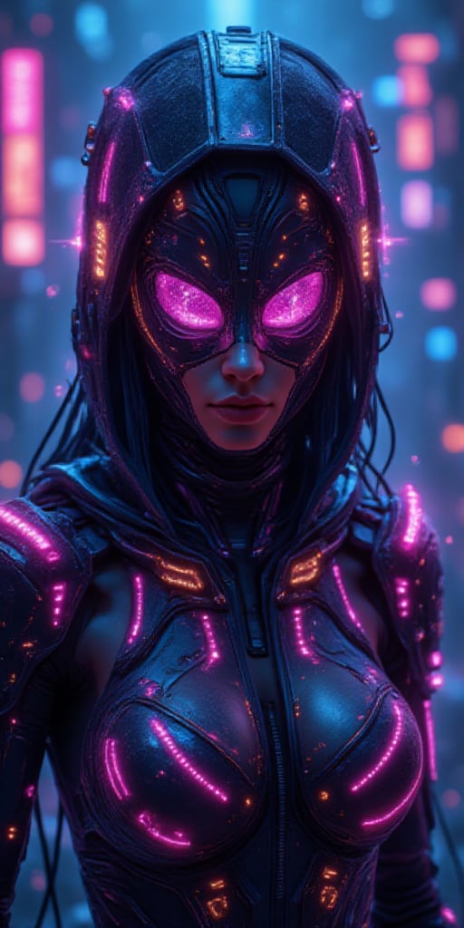 A hyper-realistic digital art of a cyber assassin, clad in sleek, futuristic armor with intricate glowing circuits. The assassin's face is partially concealed by a high-tech visor that reflects a neon-lit cityscape. The scene is intense and action-packed, with vibrant, bold colors like electric blues, neon pinks, and fiery oranges illuminating the dark background. The atmosphere is charged with energy, as the assassin prepares to strike, surrounded by holographic displays and sharp, cutting-edge weaponry. The overall vibe is aggressive and high-octane, capturing the violent and chaotic nature of a dystopian cyberpunk world,HDR