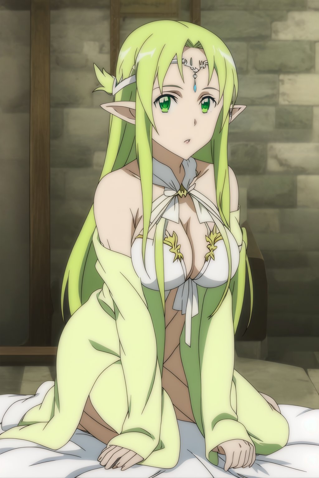 freyja, 1girl, solo, long_hair, breasts, looking_at_viewer, blonde_hair, green_hair, large_breasts, dress, cleavage, bare_shoulders, large_breasts, very_long_hair, green_eyes, full_body, parted_lips, pointy_ears, white_bikini, elf, circlet, sao  elf_bikiji, perfect_hands